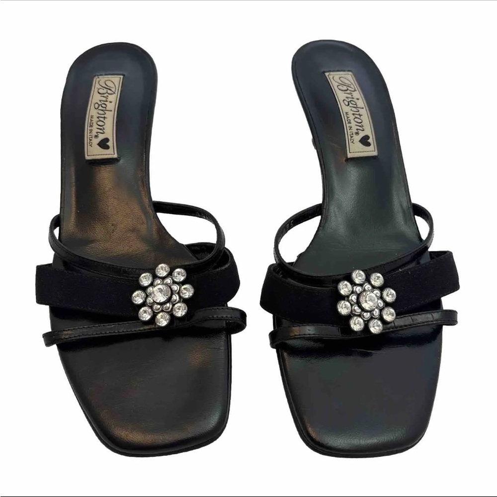 Brighton Twylla Black Leather Bling Open Toe 2" Heel Mules Women's Shoe Sz 8 M